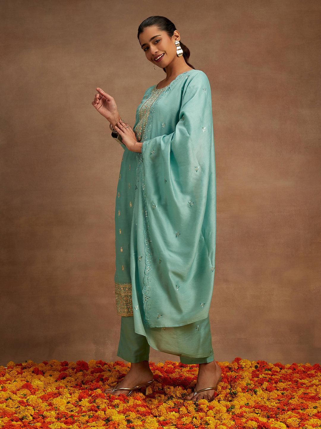 Sea Green Embroidered Silk Straight Kurta With Trousers & Dupatta - ShopLibas