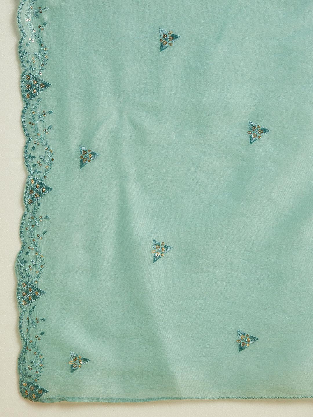 Sea Green Embroidered Silk Straight Kurta With Trousers & Dupatta - ShopLibas