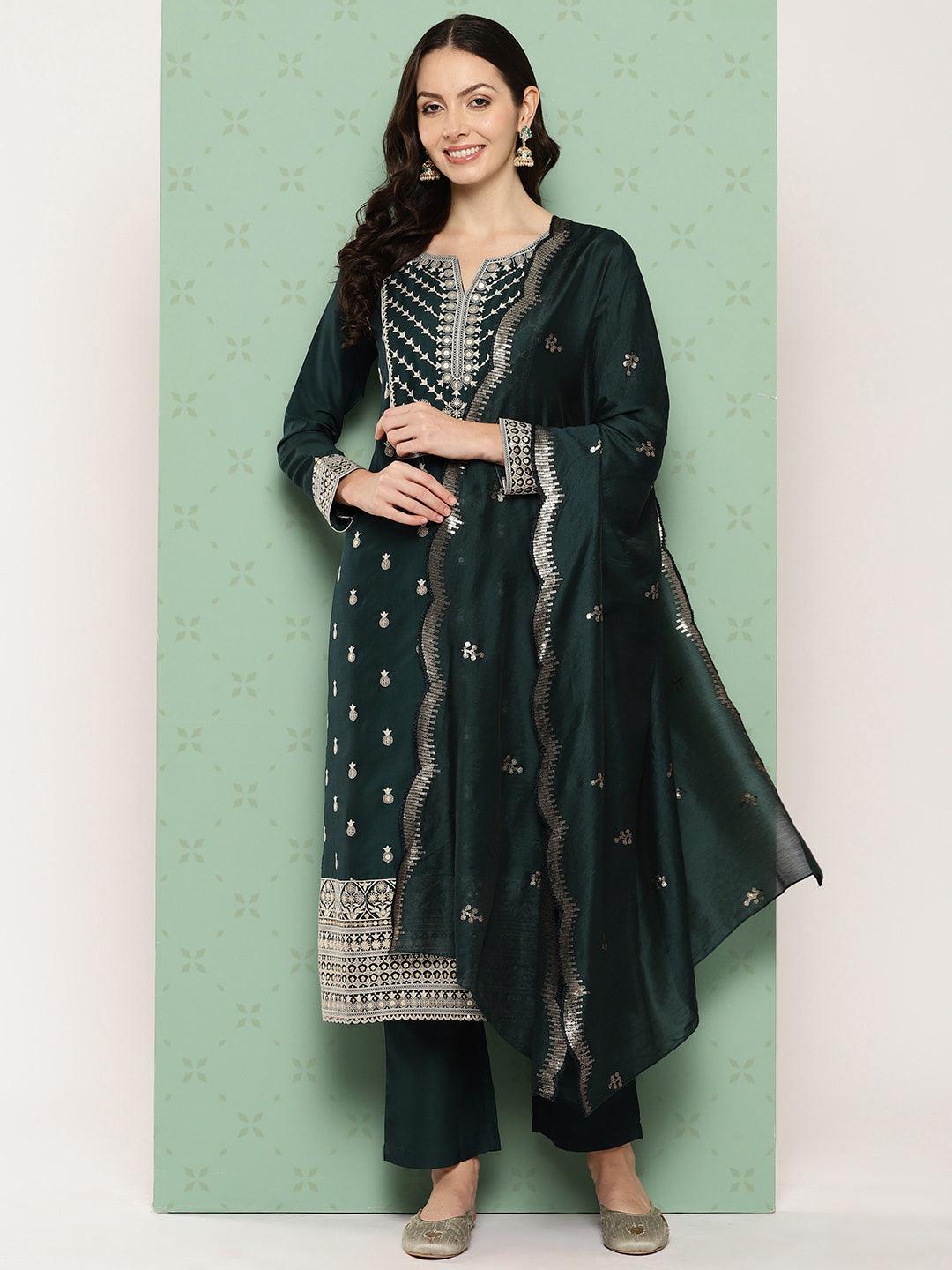 Green Printed Silk Straight Kurta With Trousers & Dupatta - ShopLibas