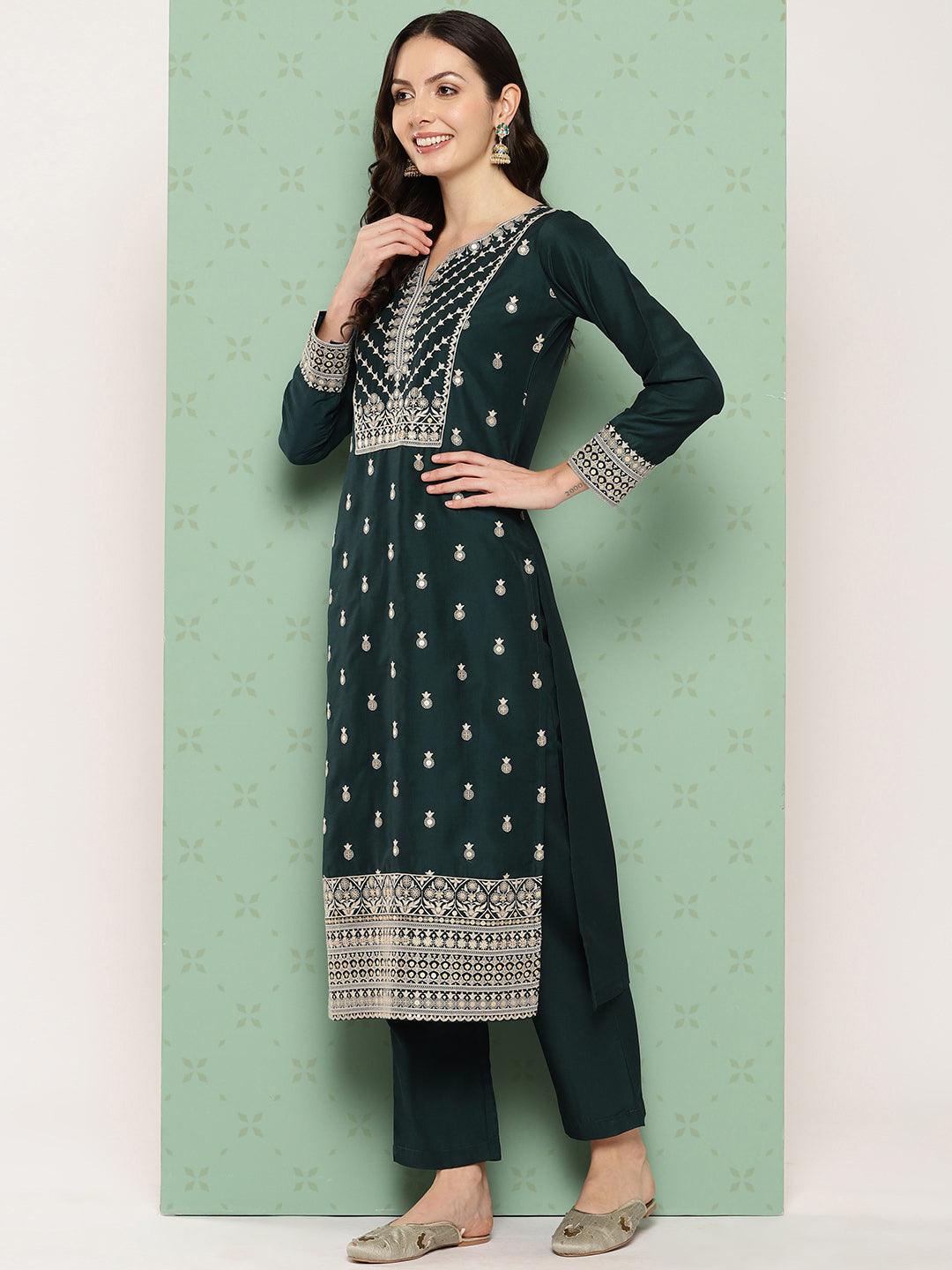 Green Printed Silk Straight Kurta With Trousers & Dupatta - ShopLibas