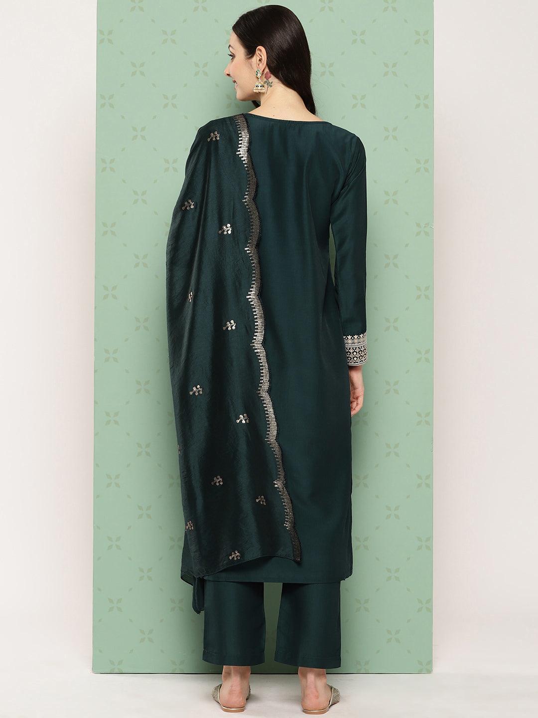 Green Printed Silk Straight Suit With Dupatta