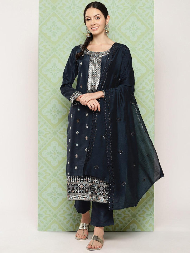 Navy Blue Printed Silk Straight Kurta With Trousers & Dupatta - ShopLibas