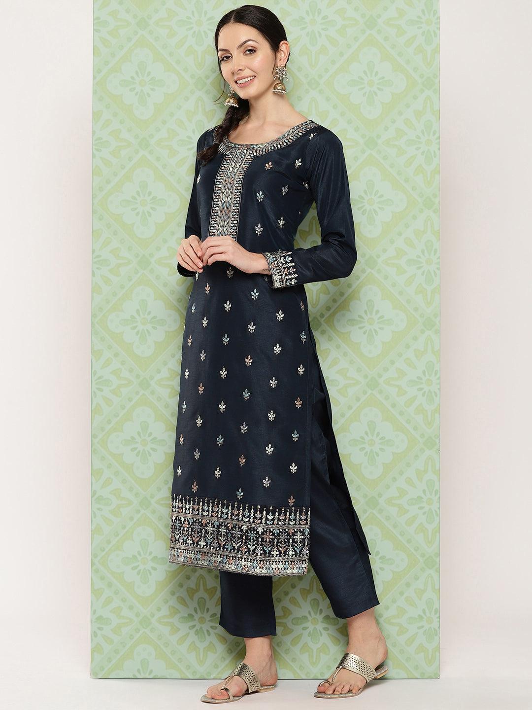 Navy Blue Printed Silk Straight Kurta With Trousers & Dupatta - ShopLibas