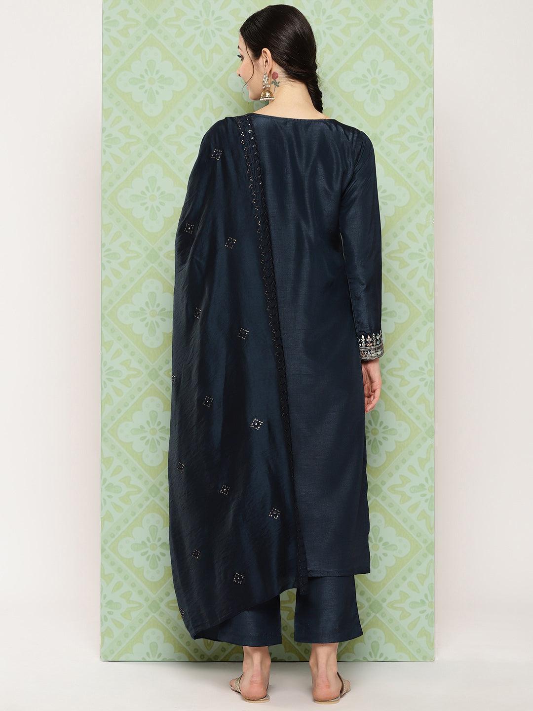 Navy Blue Printed Silk Straight Kurta With Trousers & Dupatta - ShopLibas