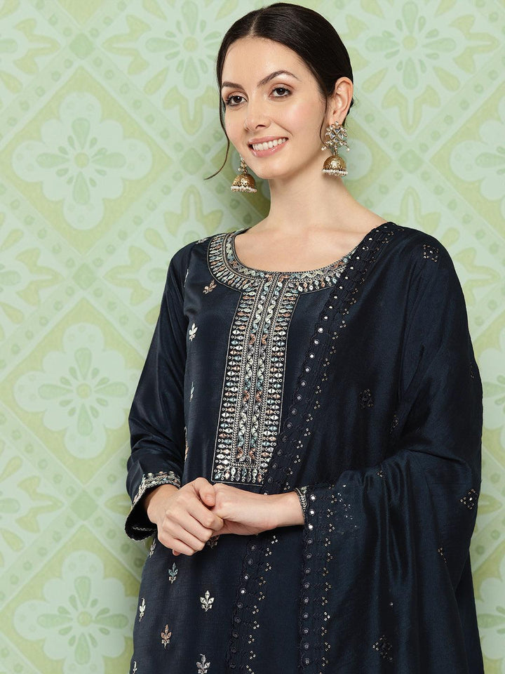 Navy Blue Printed Silk Straight Kurta With Trousers & Dupatta - ShopLibas