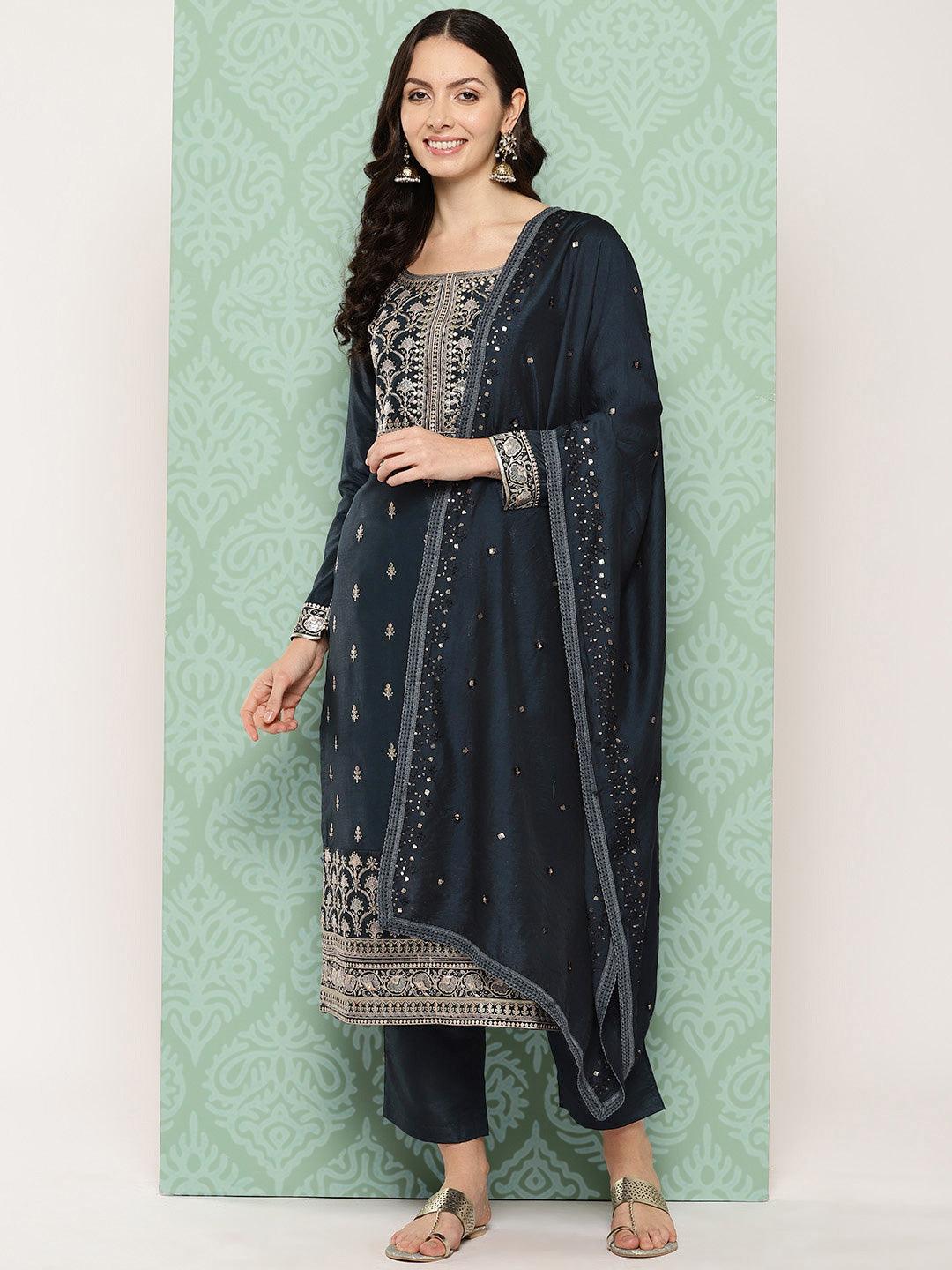 Blue Printed Silk Straight Suit With Dupatta