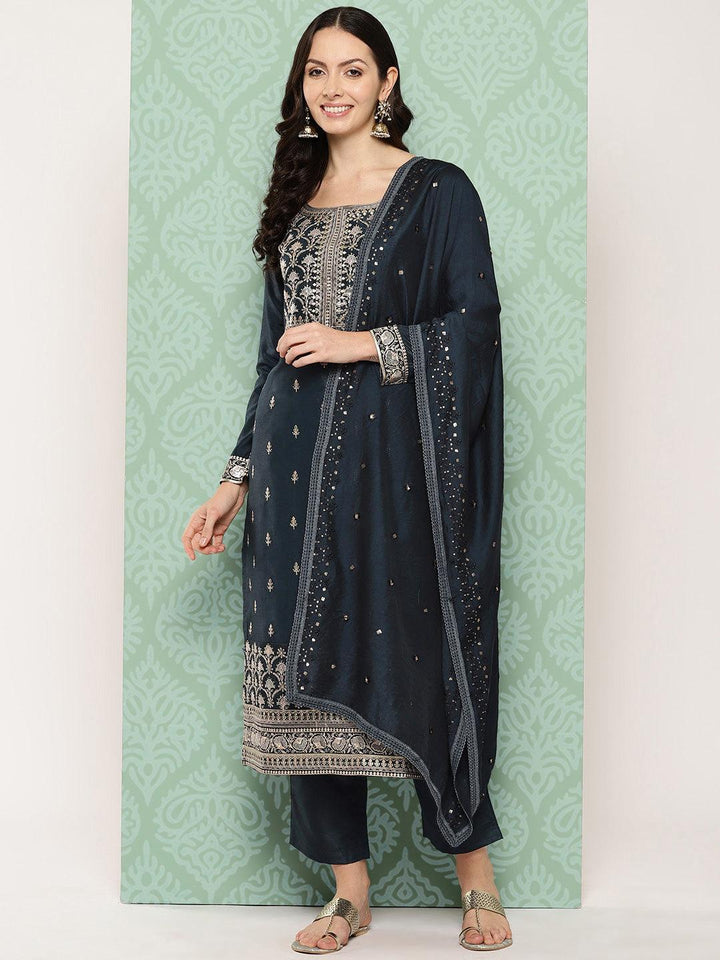 Navy Blue Printed Silk Straight Kurta With Trousers & Dupatta - ShopLibas