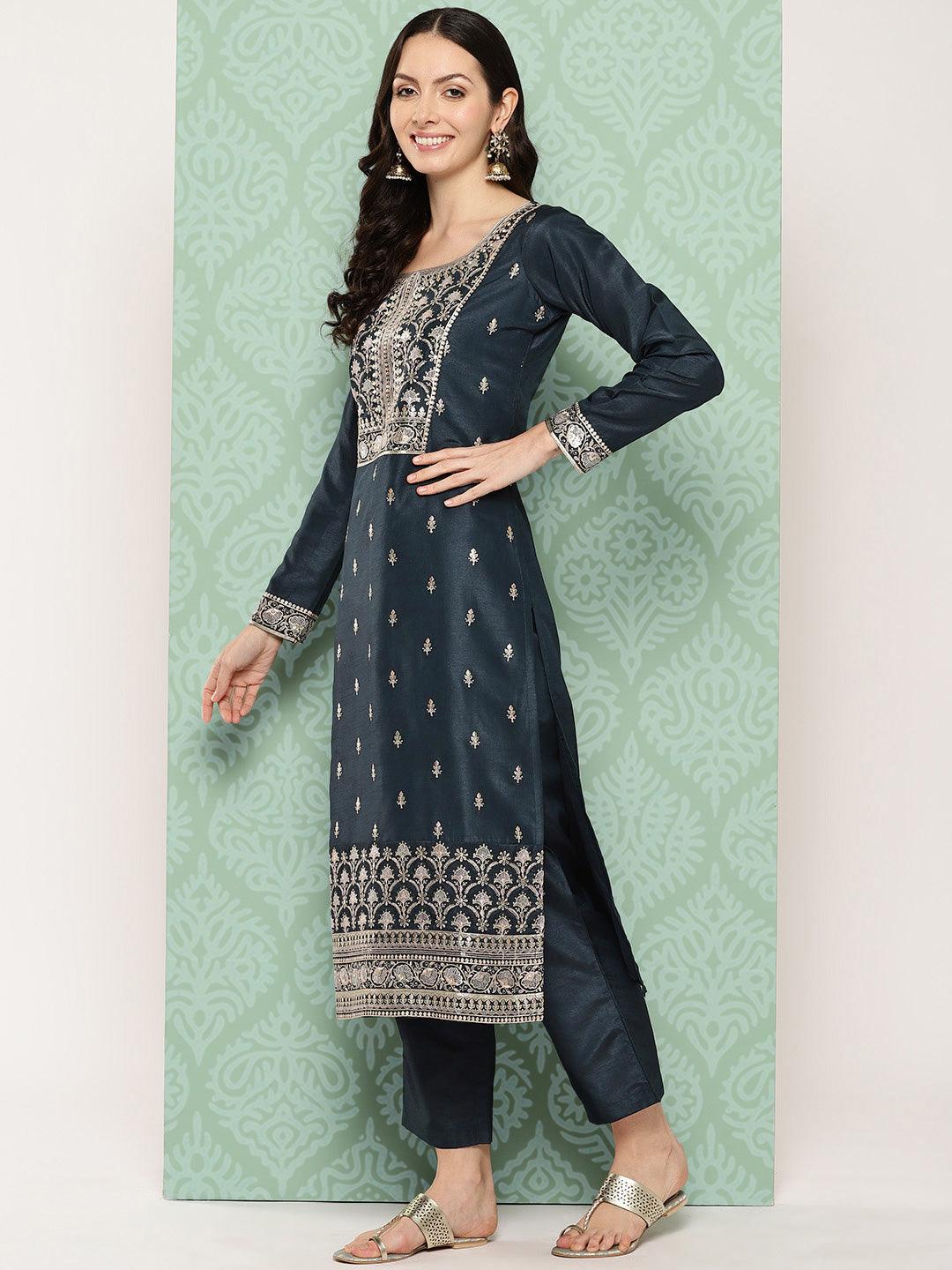 Blue Printed Silk Straight Suit With Dupatta