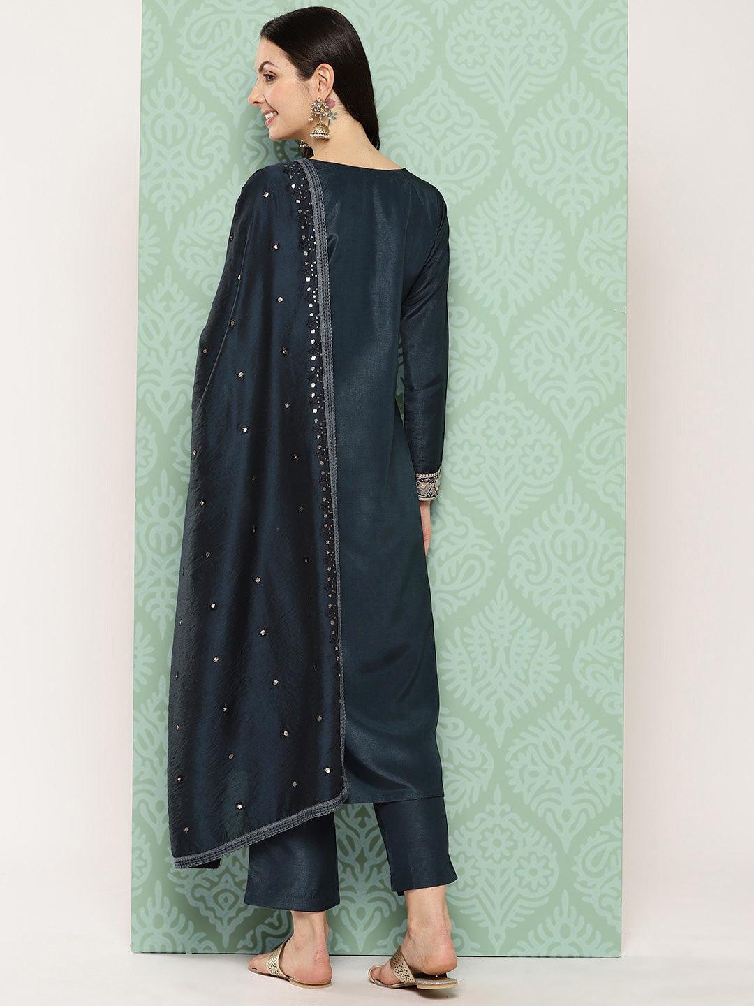 Blue Printed Silk Straight Suit With Dupatta