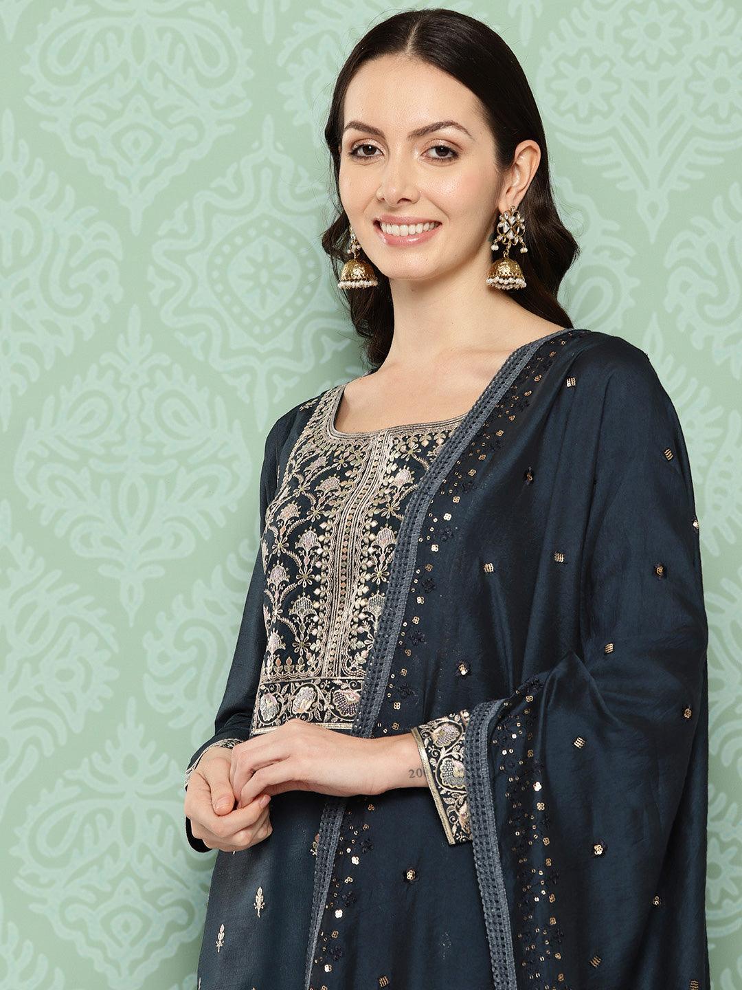 Blue Printed Silk Straight Suit With Dupatta