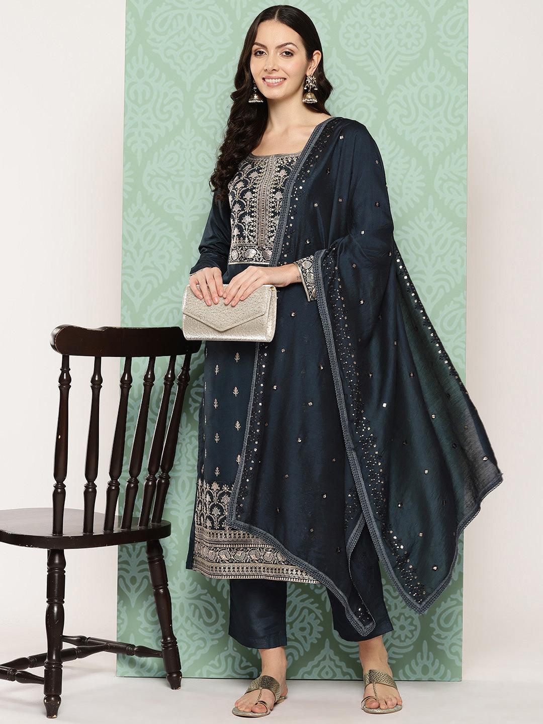 Blue Printed Silk Straight Suit With Dupatta