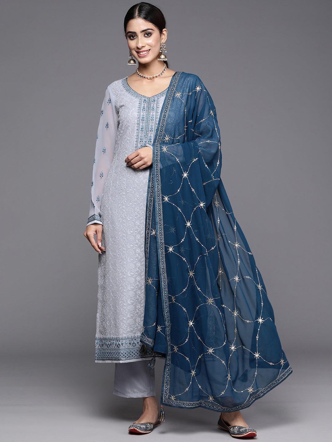 Livid Blue Embroidered Georgette Straight Kurta With Trousers & Dupatta - ShopLibas