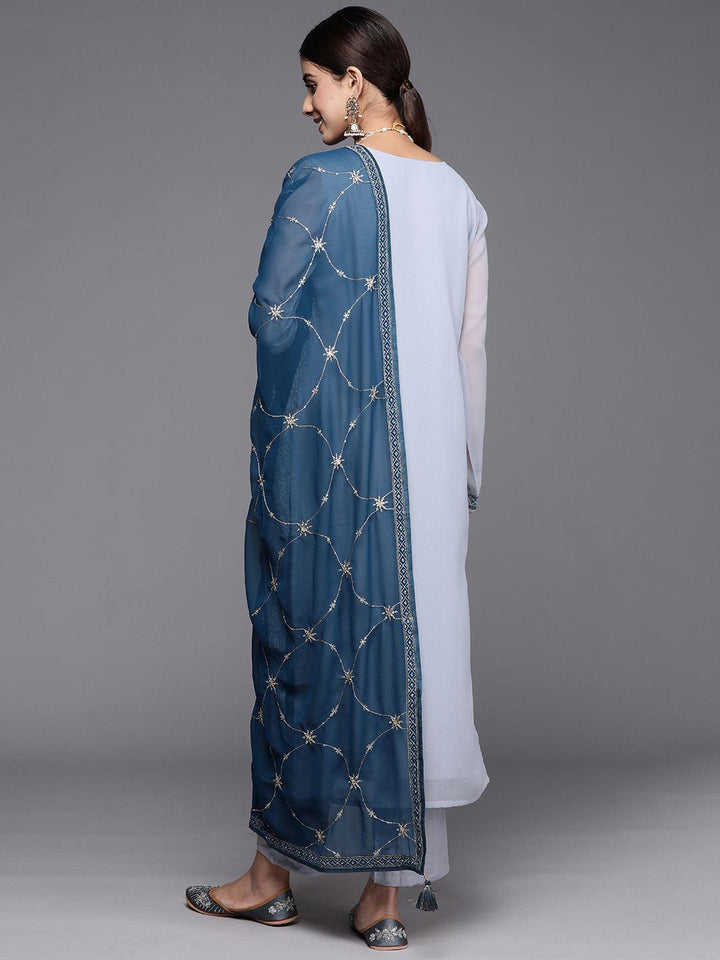 Livid Blue Embroidered Georgette Straight Kurta With Trousers & Dupatta - ShopLibas