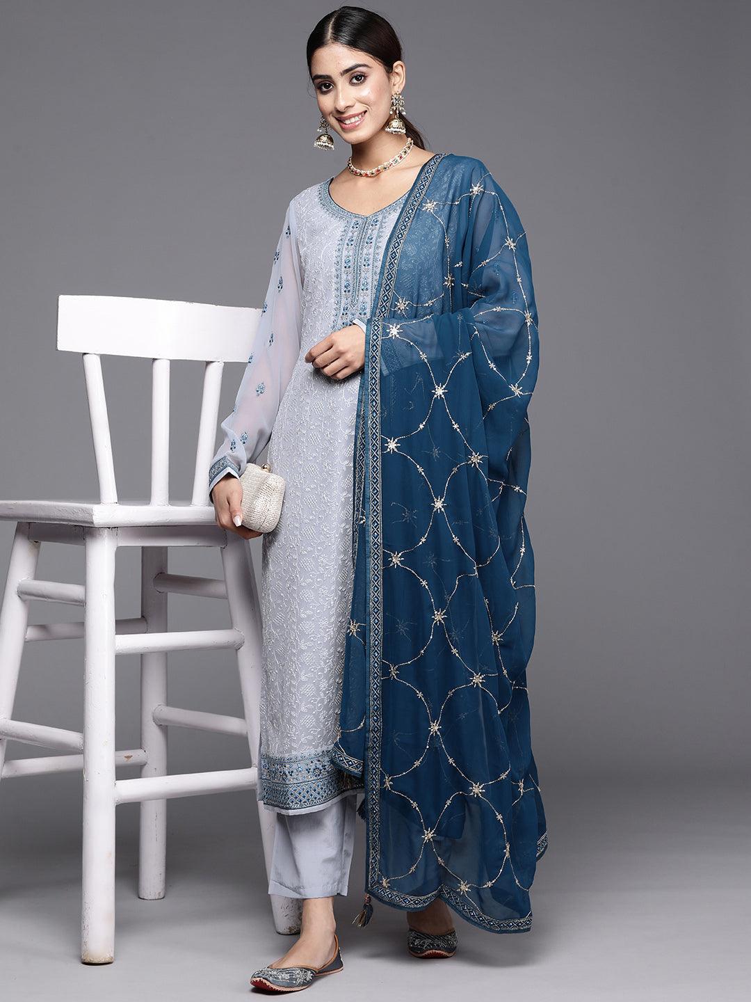 Livid Blue Embroidered Georgette Straight Kurta With Trousers & Dupatta - ShopLibas