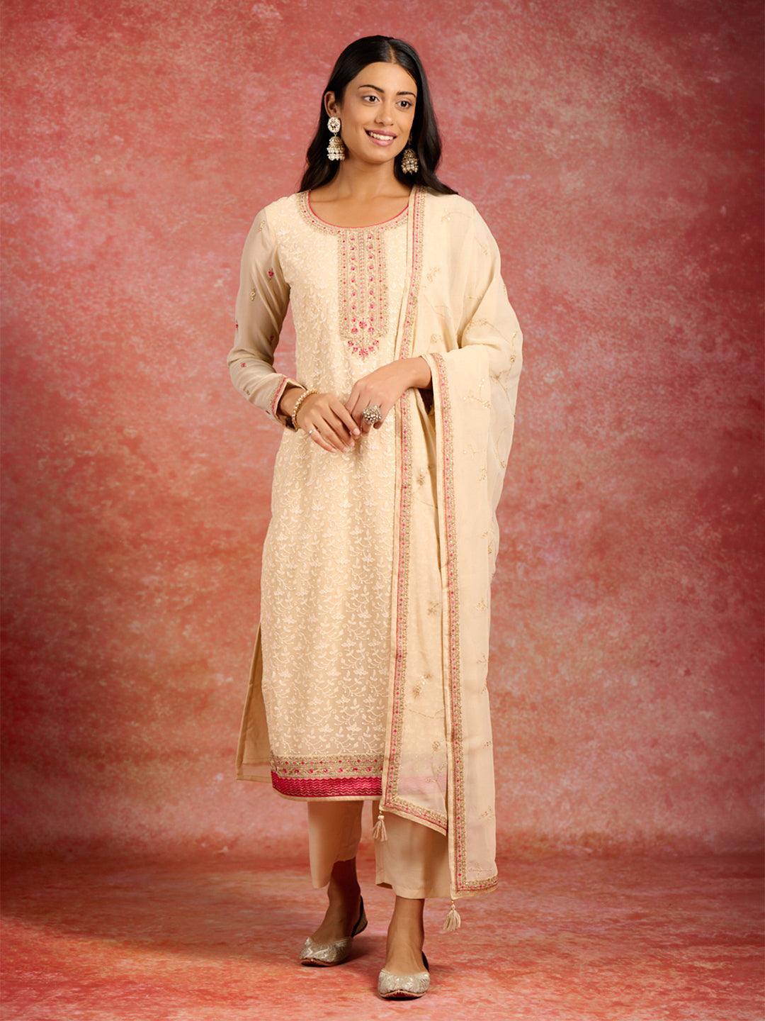 Beige Embroidered Georgette Straight Kurta With Trousers & Dupatta - ShopLibas