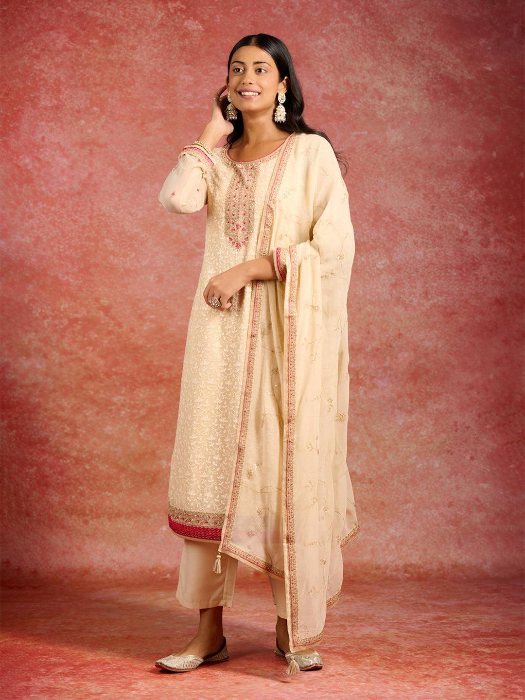 Beige Embroidered Georgette Straight Suit With Dupatta