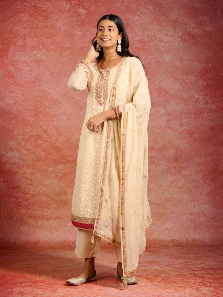 Beige Embroidered Georgette Straight Kurta With Trousers & Dupatta - ShopLibas