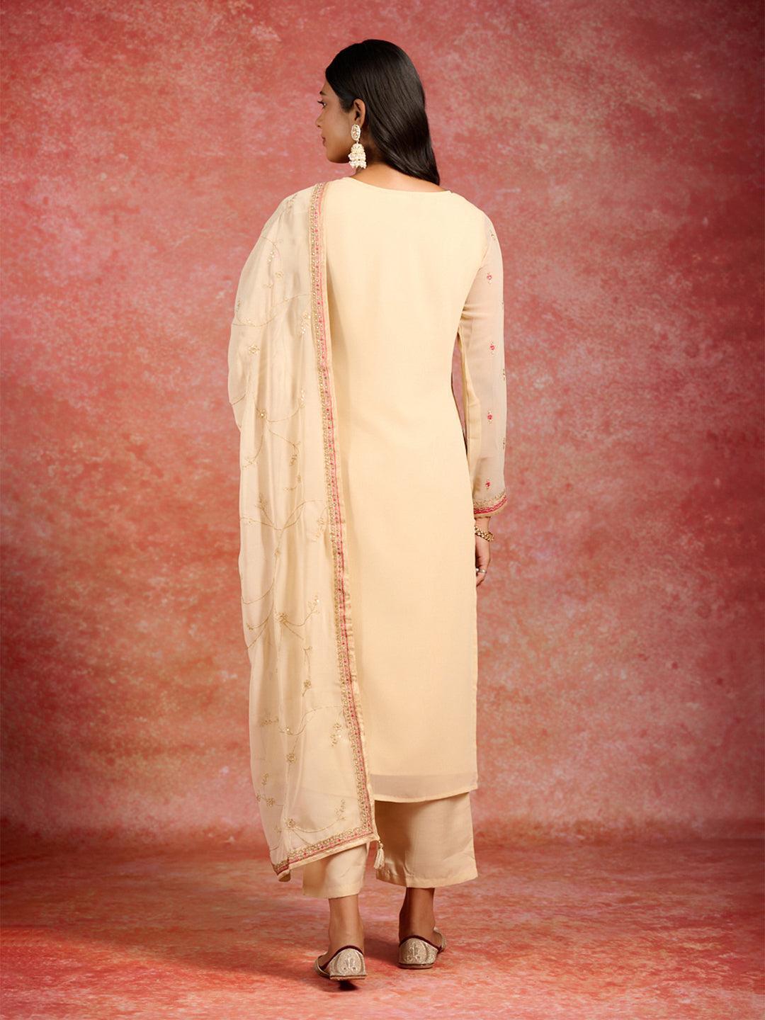 Beige Embroidered Georgette Straight Suit With Dupatta