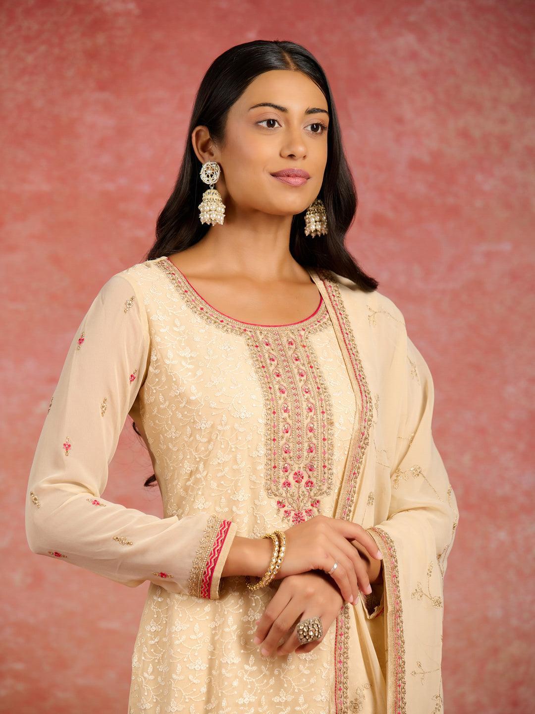 Beige Embroidered Georgette Straight Kurta With Trousers & Dupatta - ShopLibas