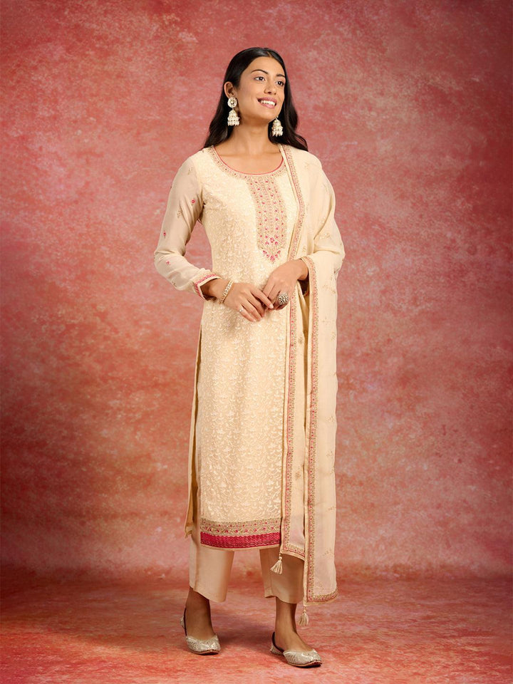 Beige Embroidered Georgette Straight Kurta With Trousers & Dupatta - ShopLibas