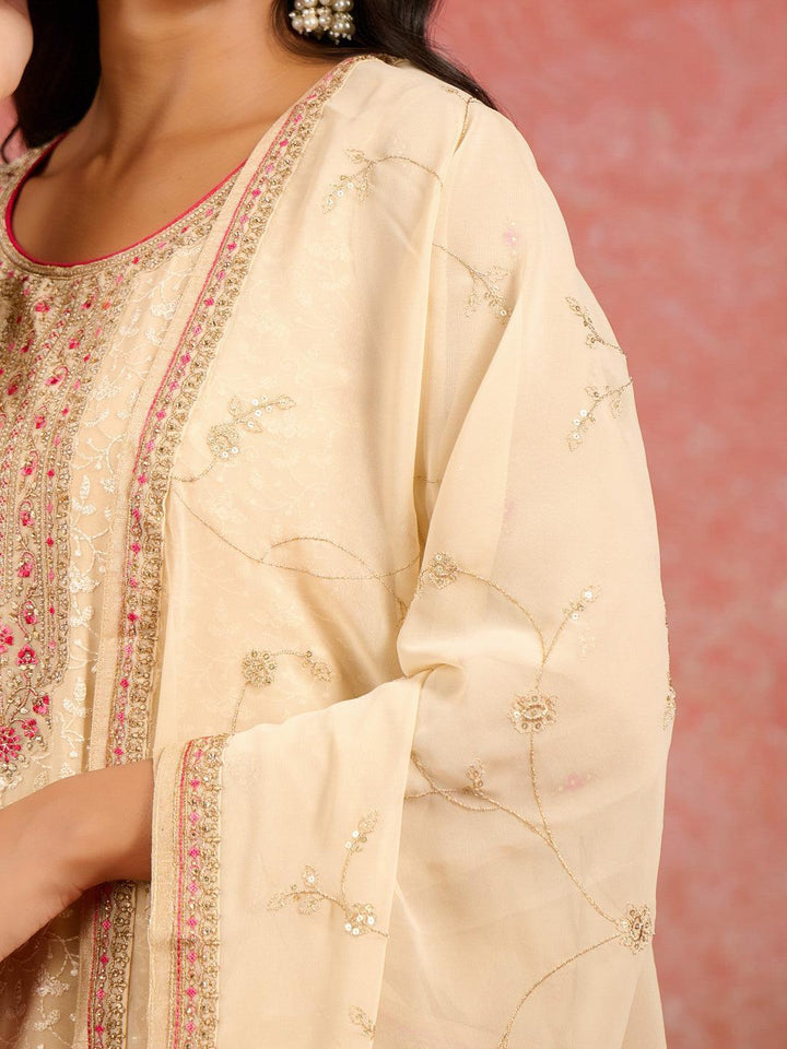 Beige Embroidered Georgette Straight Kurta With Trousers & Dupatta - ShopLibas