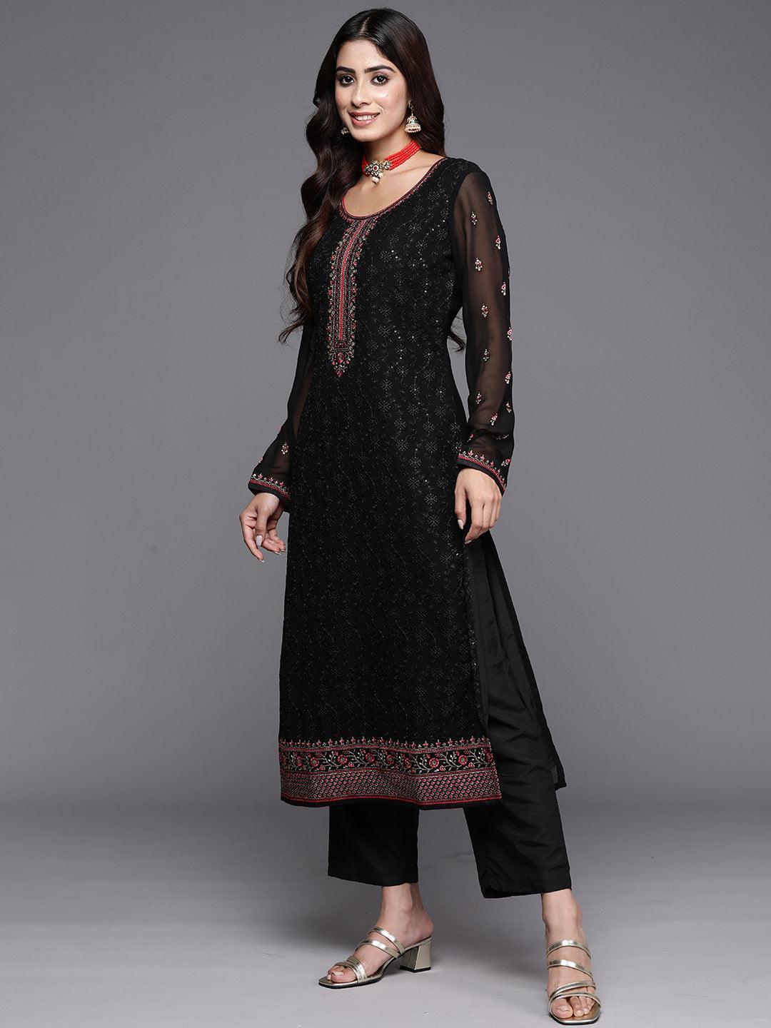 Black Embroidered Georgette Straight Kurta With Trousers & Dupatta - ShopLibas