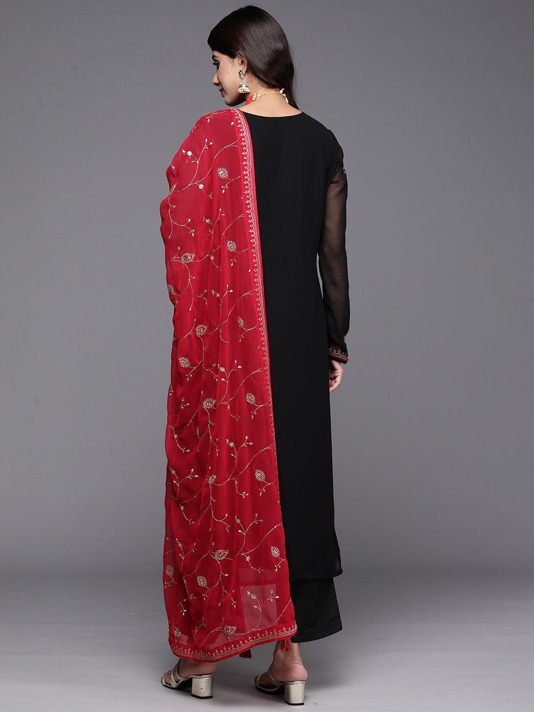 Black Embroidered Georgette Straight Suit With Dupatta