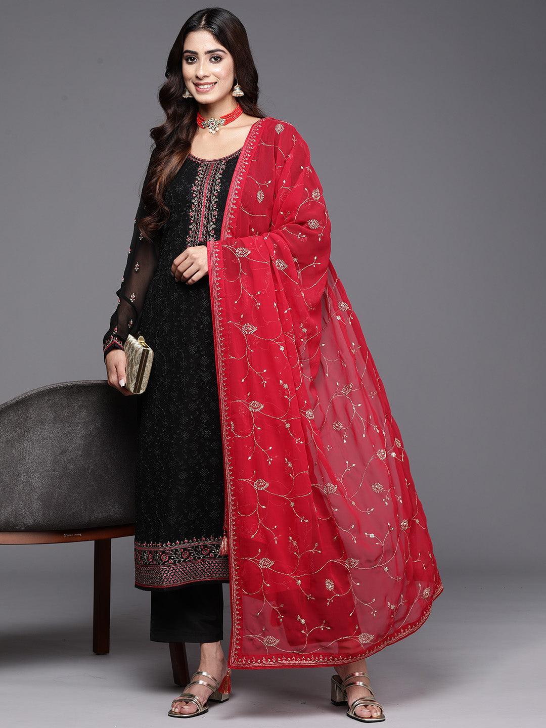 Black Embroidered Georgette Straight Suit With Dupatta