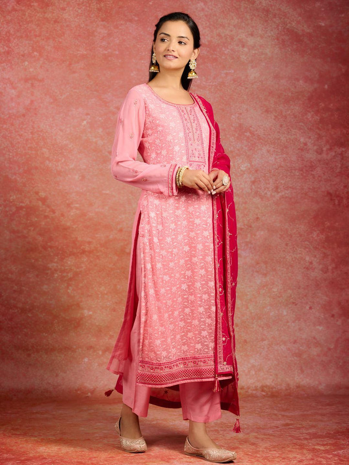 Peach Embroidered Georgette Straight Kurta With Trousers & Dupatta - ShopLibas