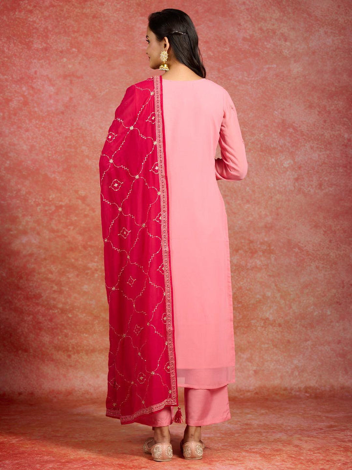 Peach Embroidered Georgette Straight Kurta With Trousers & Dupatta - ShopLibas