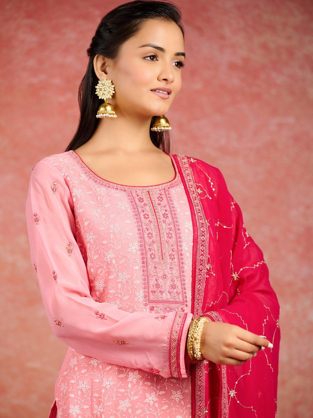 Peach Embroidered Georgette Straight Kurta With Trousers & Dupatta - ShopLibas