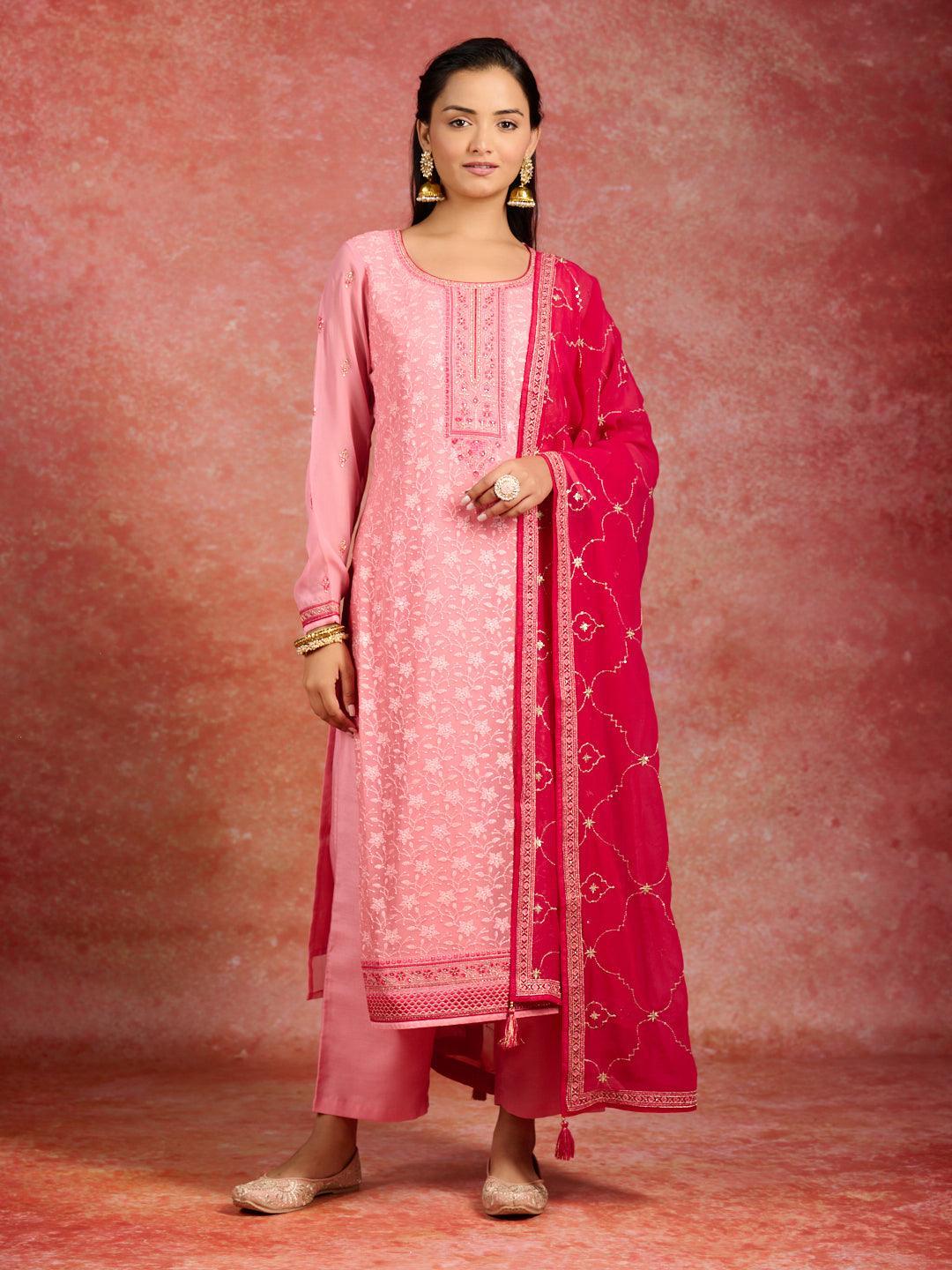 Peach Embroidered Georgette Straight Kurta With Trousers & Dupatta - ShopLibas