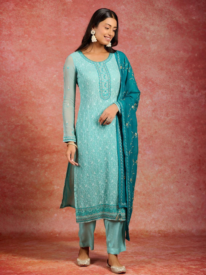 Sea Green Embroidered Georgette Straight Kurta With Trousers & Dupatta - ShopLibas