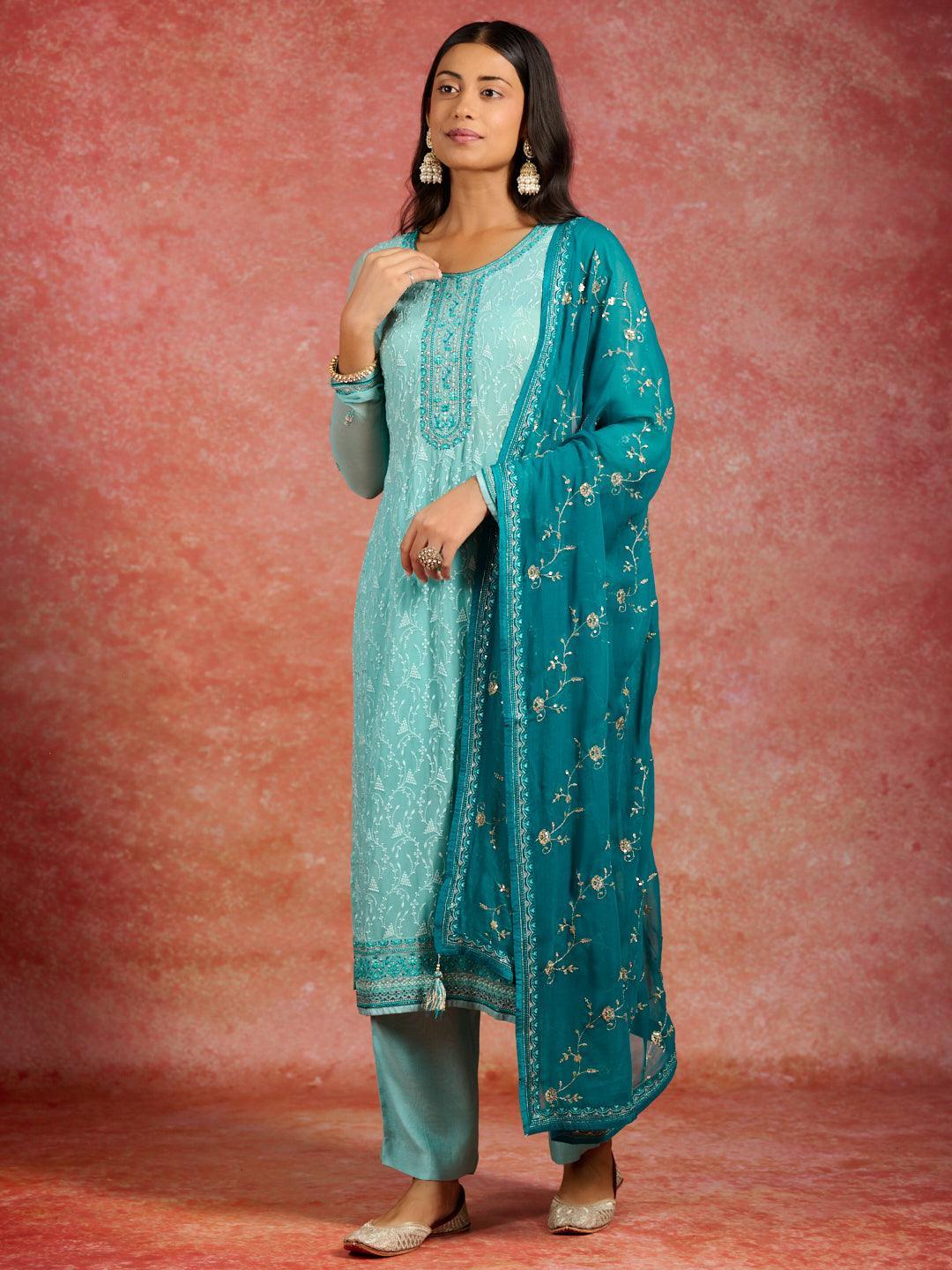 Sea Green Embroidered Georgette Straight Kurta With Trousers & Dupatta - ShopLibas