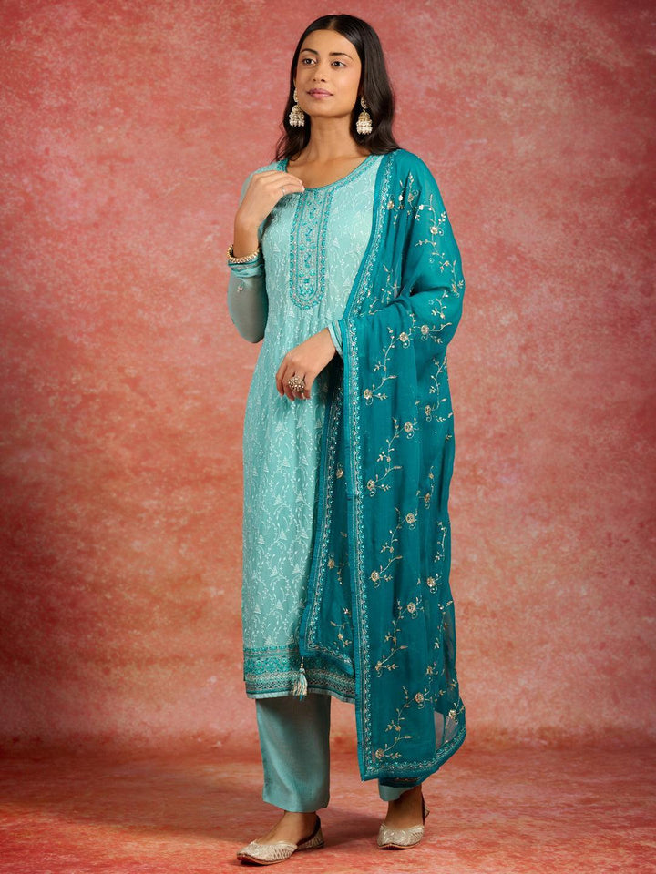 Sea Green Embroidered Georgette Straight Kurta With Trousers & Dupatta - ShopLibas