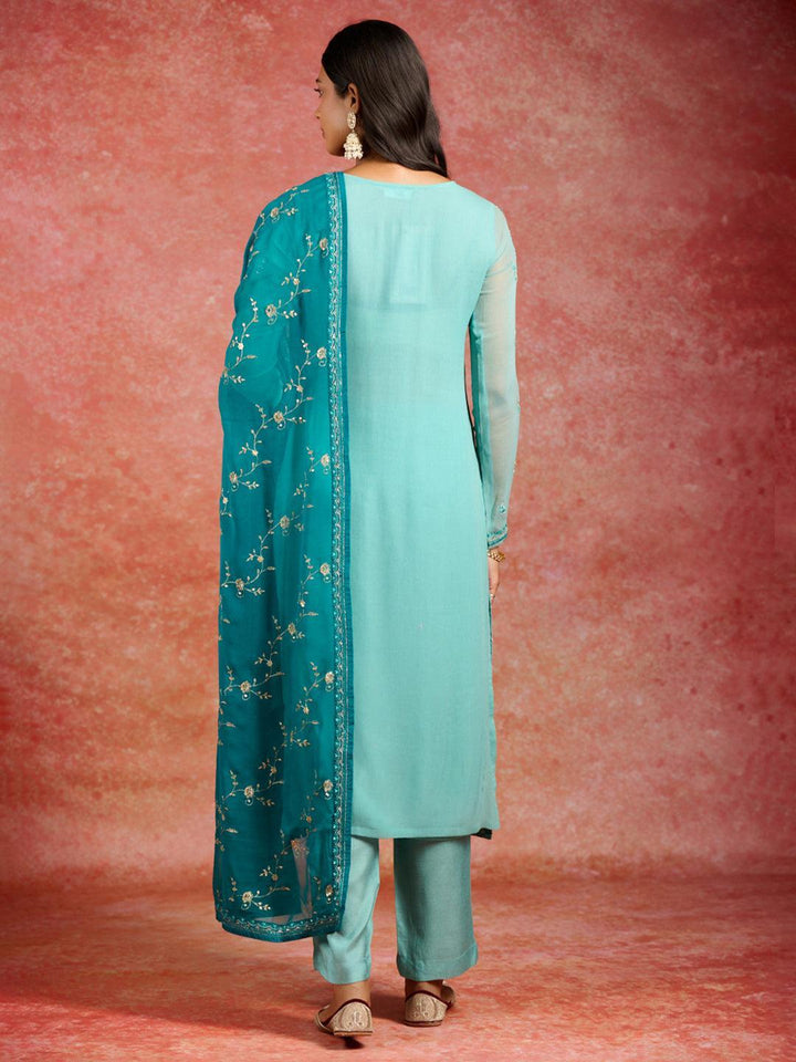 Sea Green Embroidered Georgette Straight Kurta With Trousers & Dupatta - ShopLibas