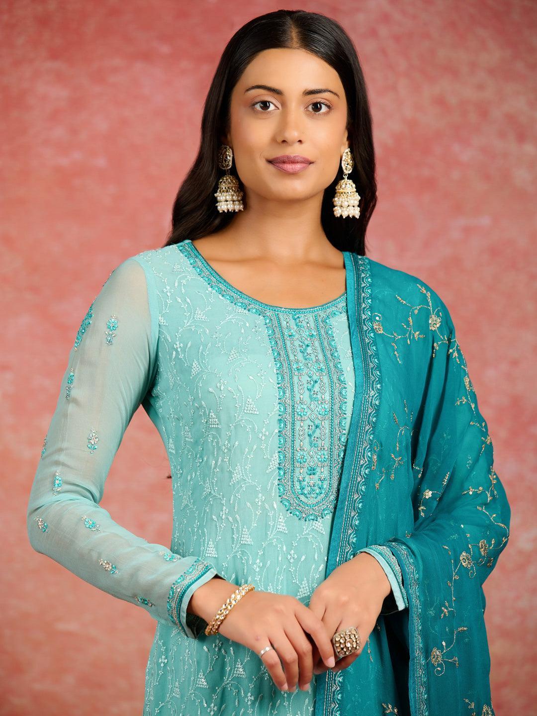 Sea Green Embroidered Georgette Straight Kurta With Trousers & Dupatta - ShopLibas