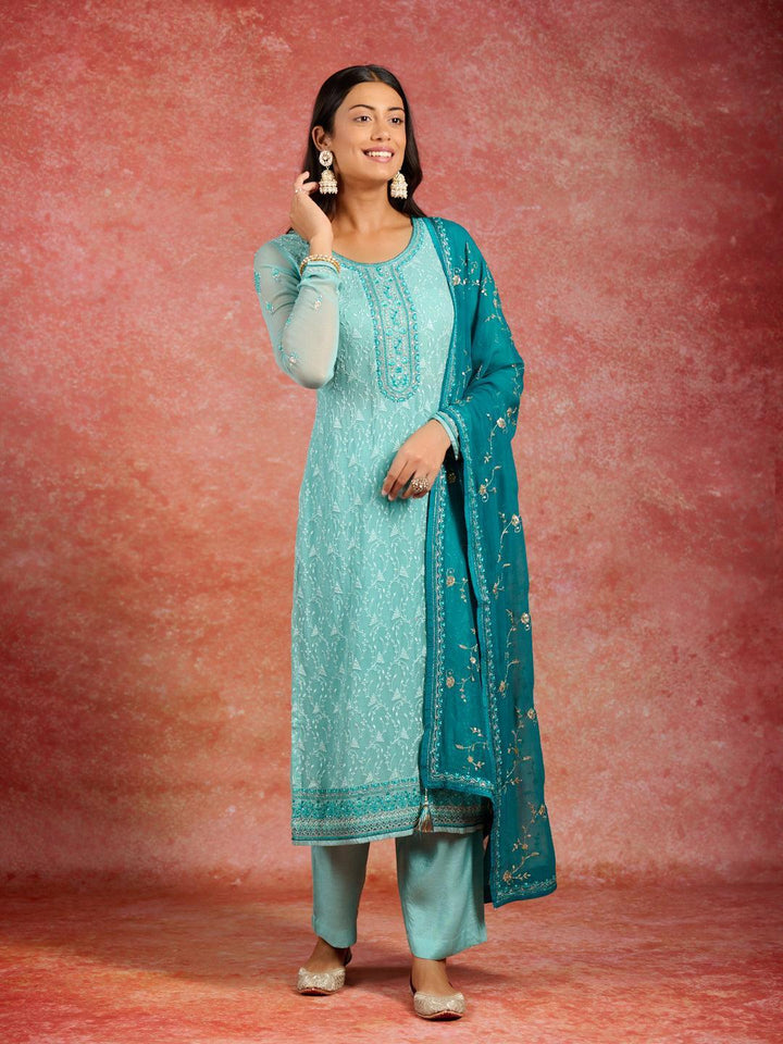 Sea Green Embroidered Georgette Straight Kurta With Trousers & Dupatta - ShopLibas