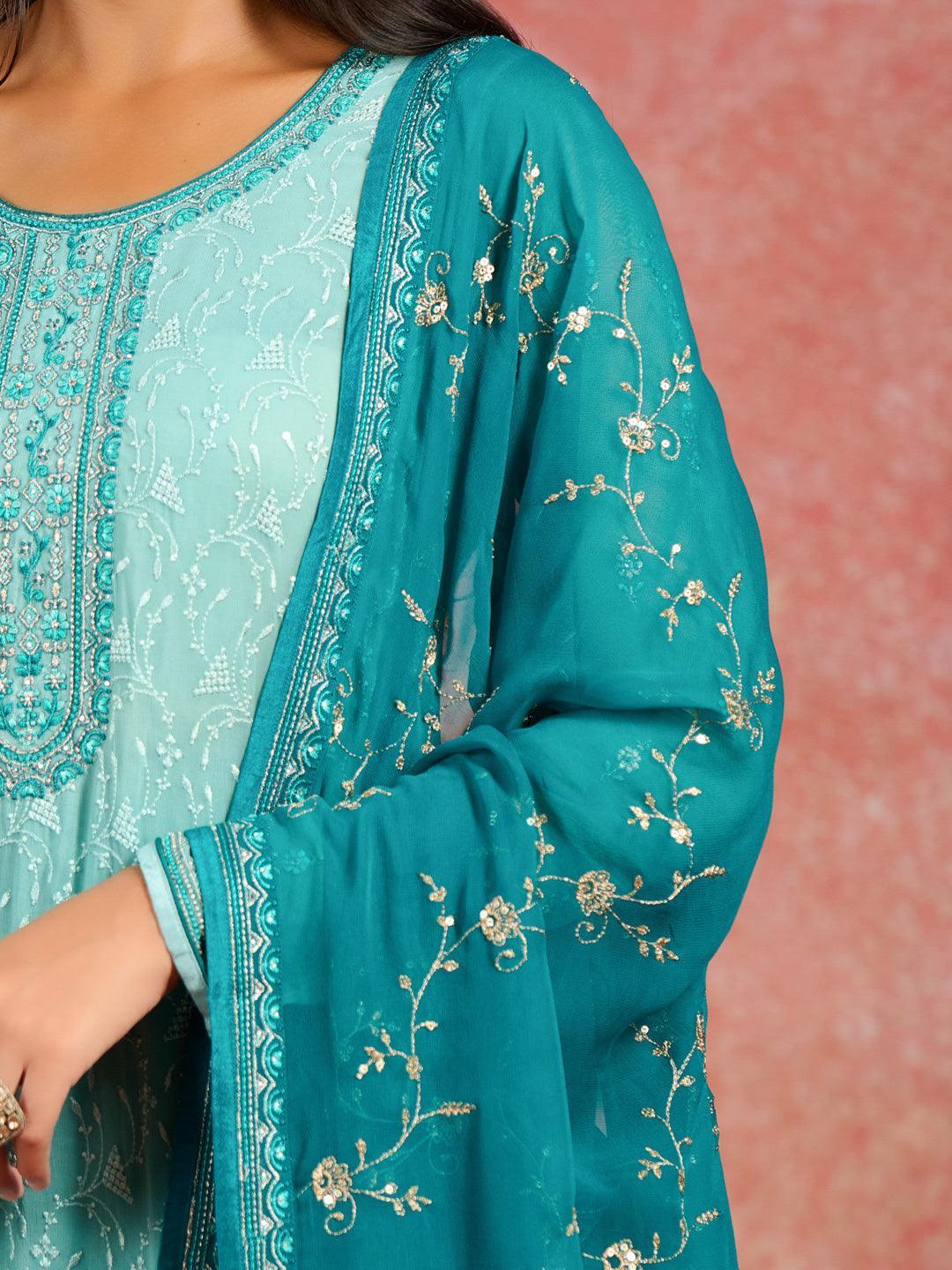 Sea Green Embroidered Georgette Straight Kurta With Trousers & Dupatta - ShopLibas