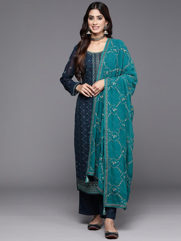 Navy Blue Embroidered Georgette Straight Kurta With Trousers & Dupatta - ShopLibas