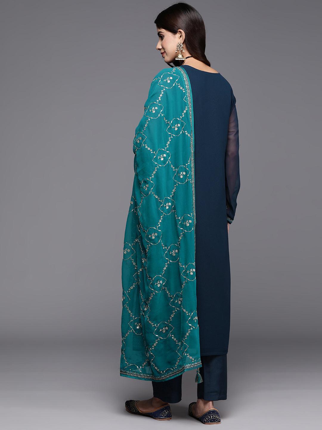 Navy Blue Embroidered Georgette Straight Suit With Dupatta