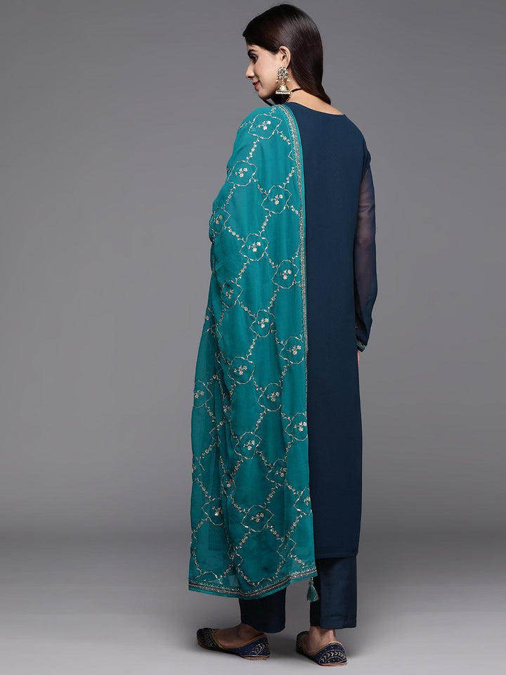 Navy Blue Embroidered Georgette Straight Kurta With Trousers & Dupatta - ShopLibas