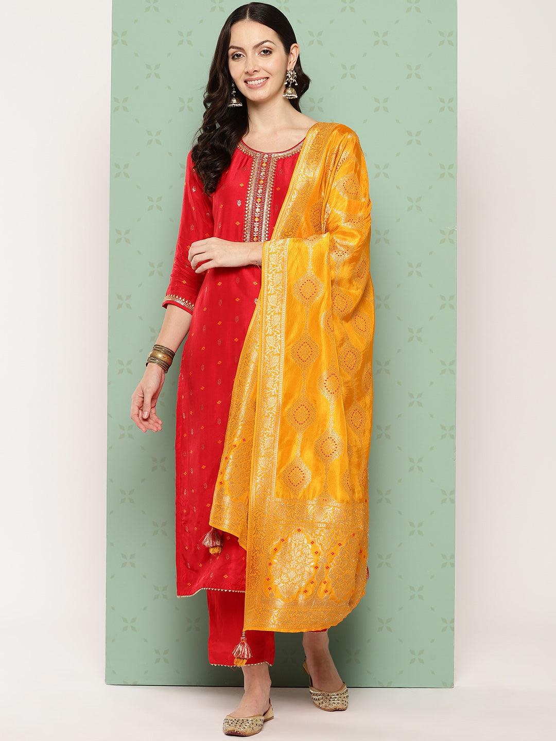 Red Woven Design Silk Straight Kurta With Trousers & Dupatta - ShopLibas