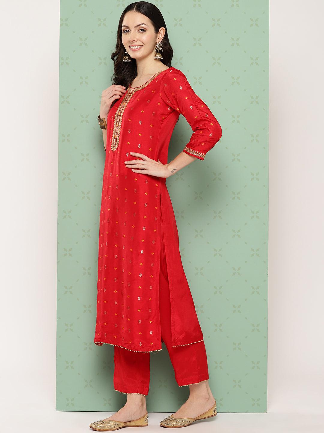 Red Woven Design Silk Straight Kurta With Trousers & Dupatta - ShopLibas