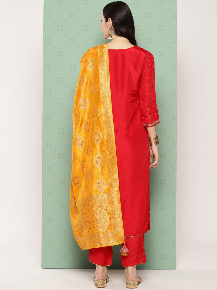 Red Woven Design Silk Straight Kurta With Trousers & Dupatta - ShopLibas