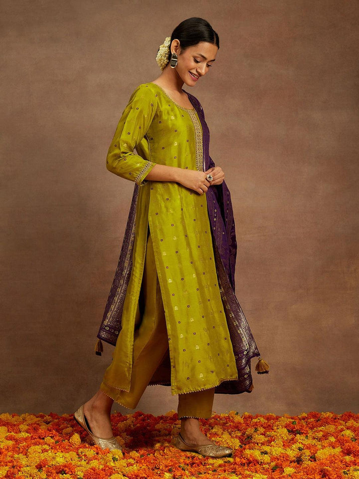 Green Self Design Silk Straight Kurta With Trousers & Dupatta - ShopLibas