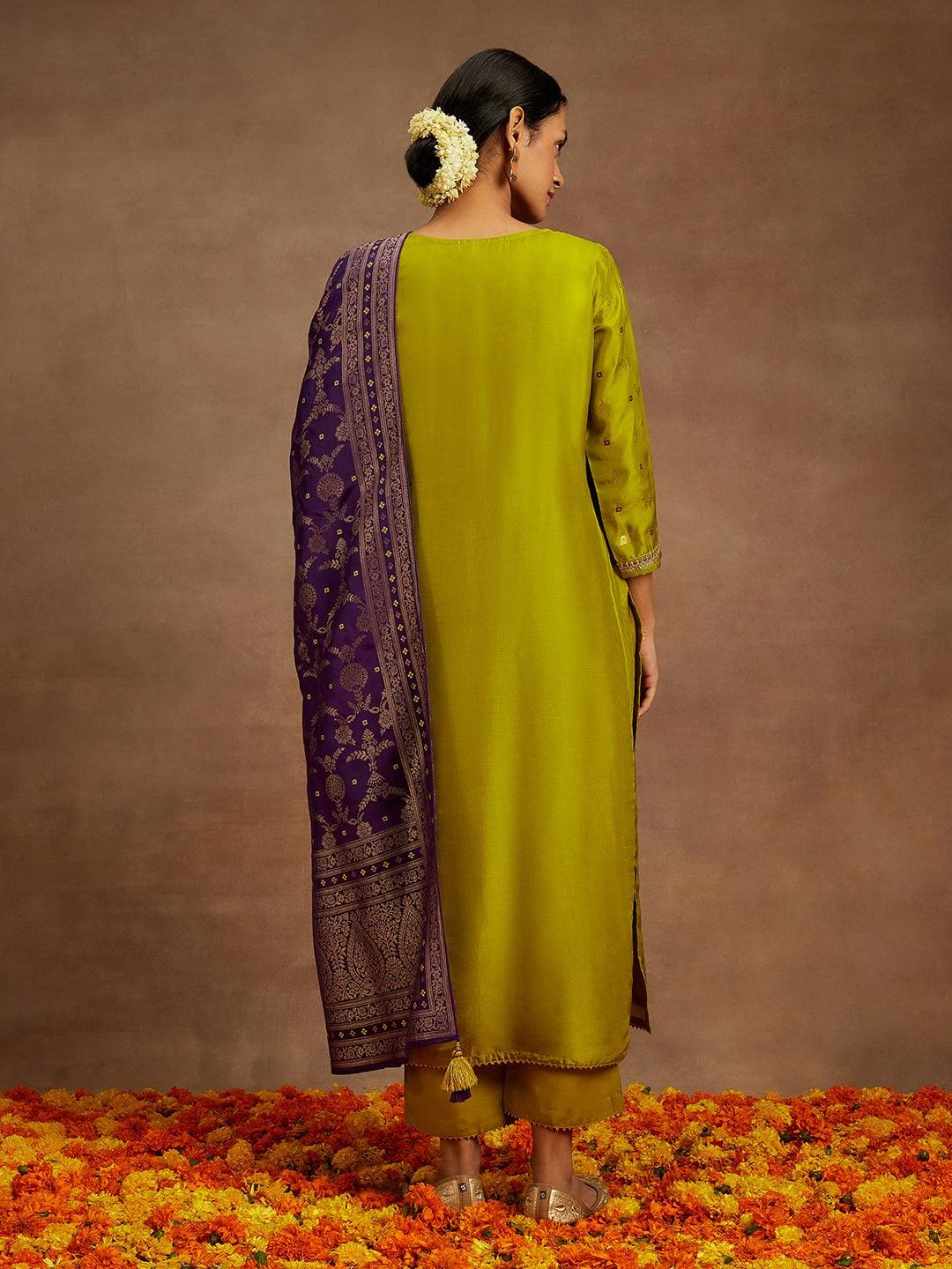 Green Self Design Silk Straight Kurta With Trousers & Dupatta - ShopLibas