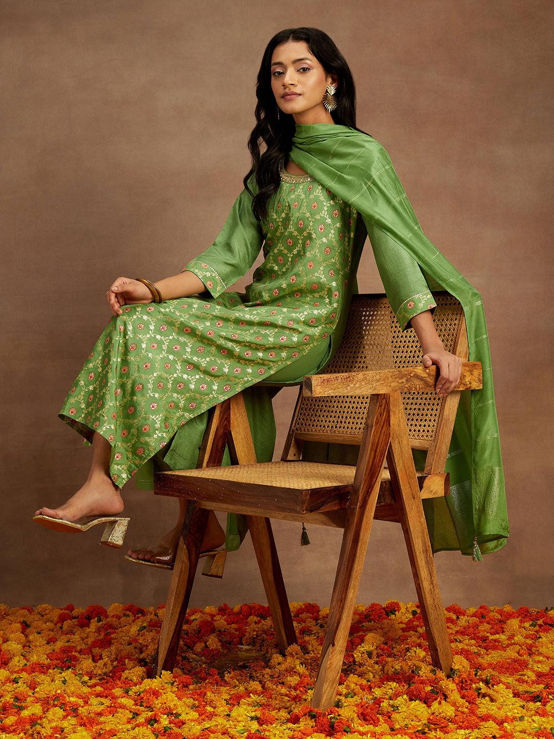 Green Woven Design Silk Blend Straight Suit With Dupatta