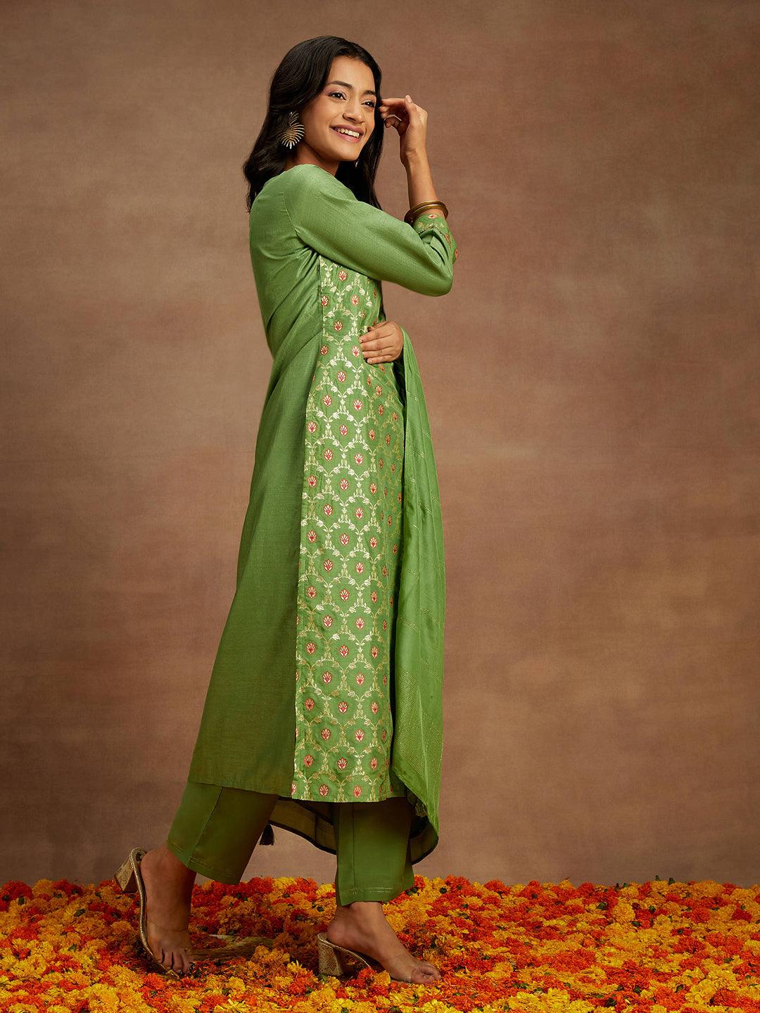 Green Woven Design Silk Blend Straight Kurta With Trousers & Dupatta - ShopLibas