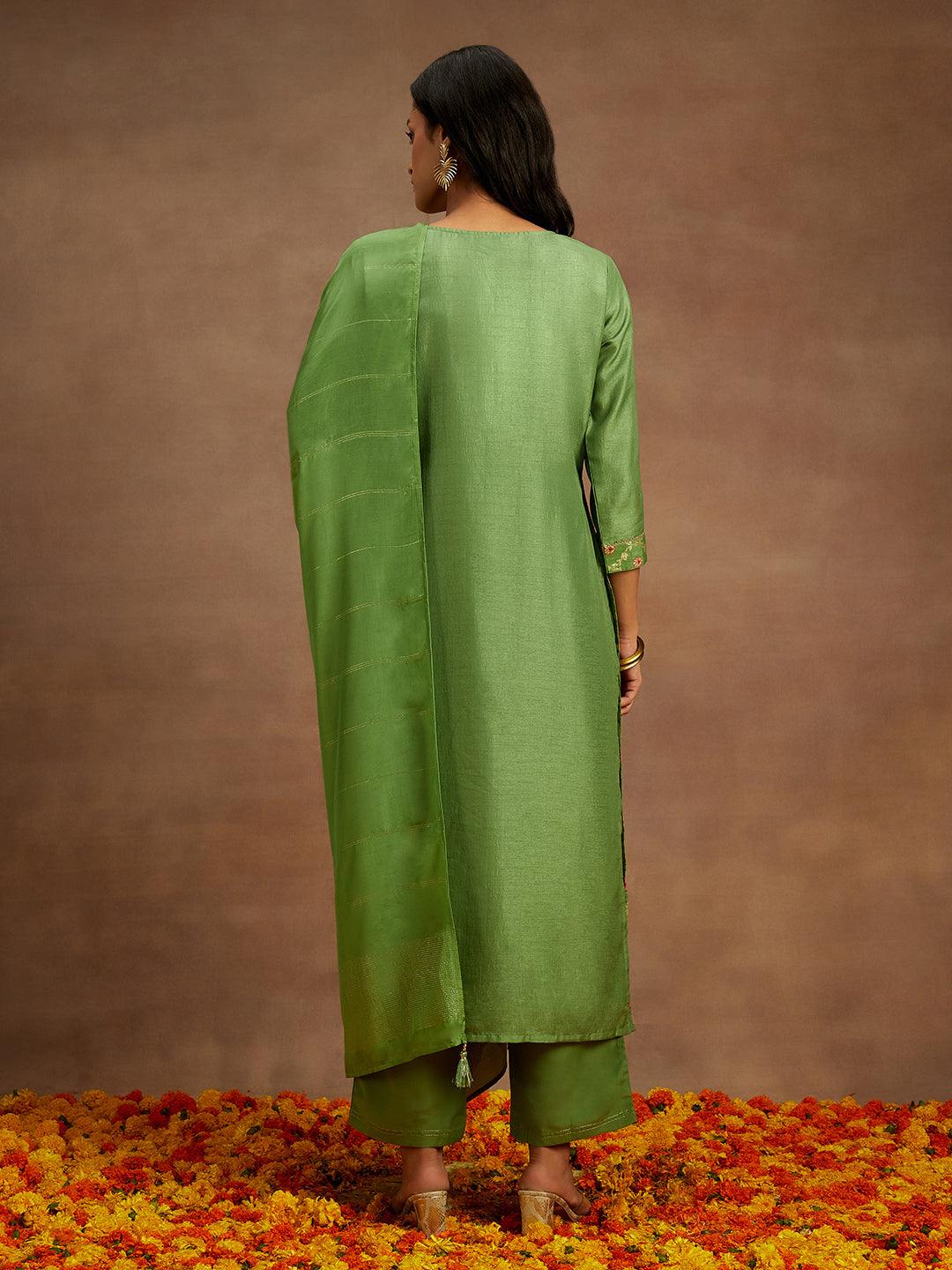 Green Woven Design Silk Blend Straight Kurta With Trousers & Dupatta - ShopLibas